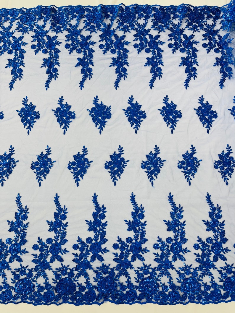 Royal Blue Floral design embroider and beaded on a mesh lace fabric-Wedding/Bridal/Prom/Nightgown fabric