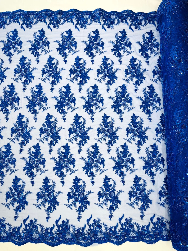 Royal Blue Gorgeous French design embroider and beaded on a mesh lace. Wedding/Bridal/Prom/Nightgown fabric