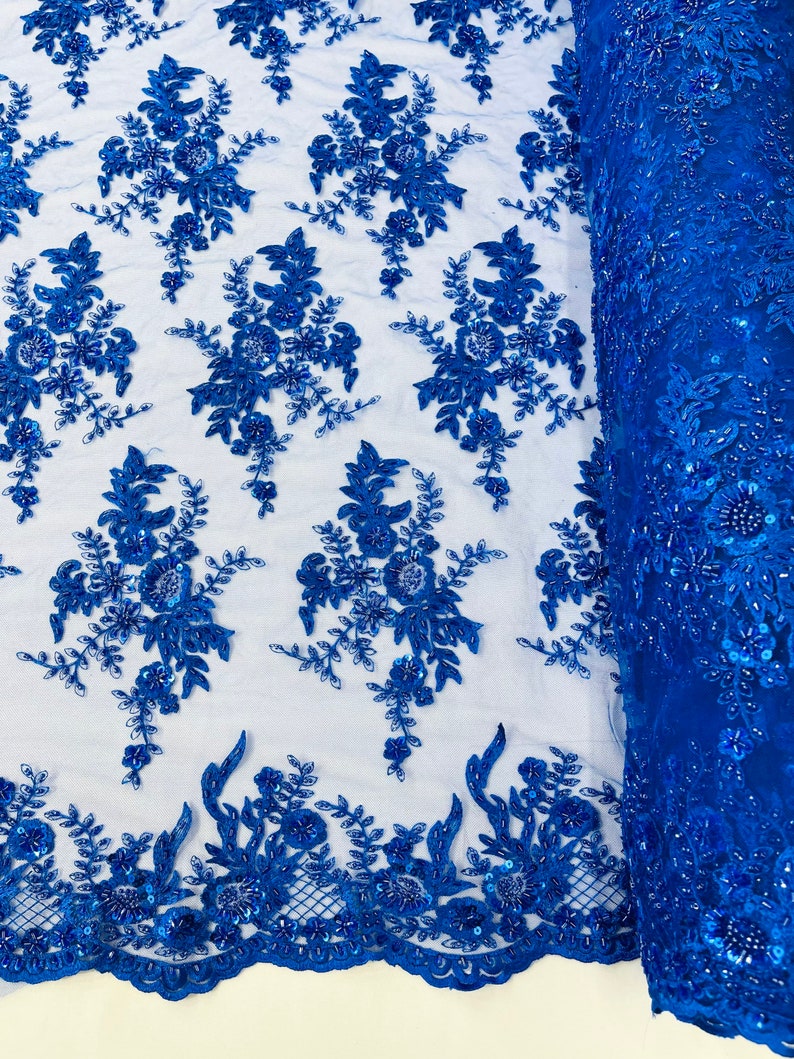 Royal Blue Gorgeous French design embroider and beaded on a mesh lace. Wedding/Bridal/Prom/Nightgown fabric