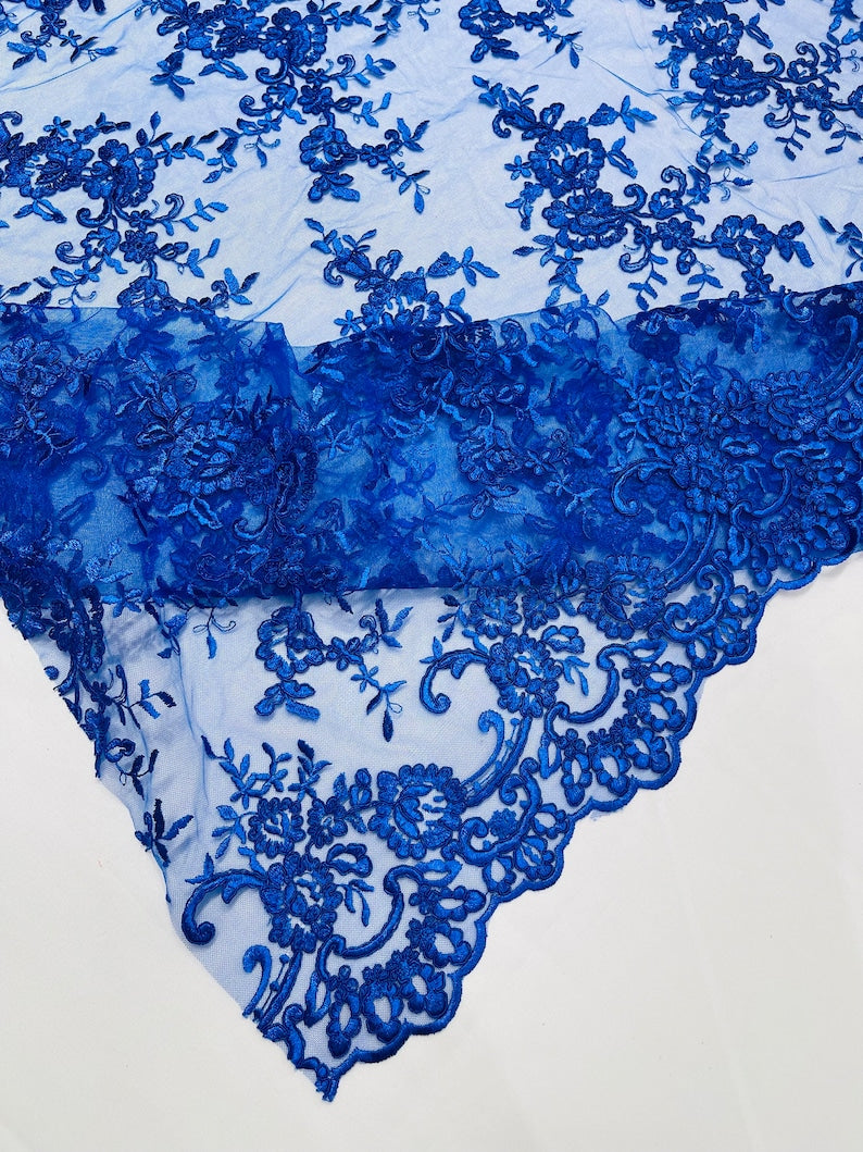 Royal Blue Corded embroider flowers on a mesh lace fabric-prom-sold by the yard.