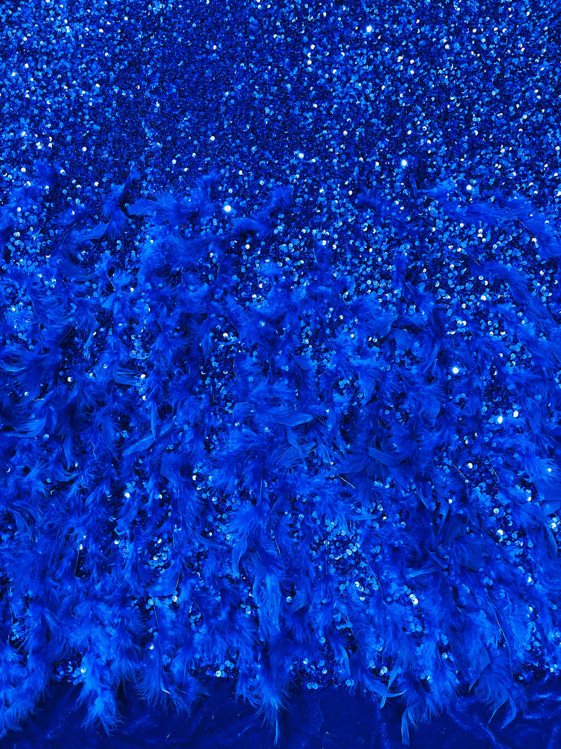 Royal Blue 5mm sequins on a stretch velvet with feathers 2-way stretch, sold by the yard