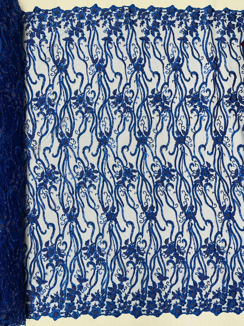 Royal Blue Vine Floral Beaded Lace/Sequin Embroider Lace Fabric - Sold By the Yard.
