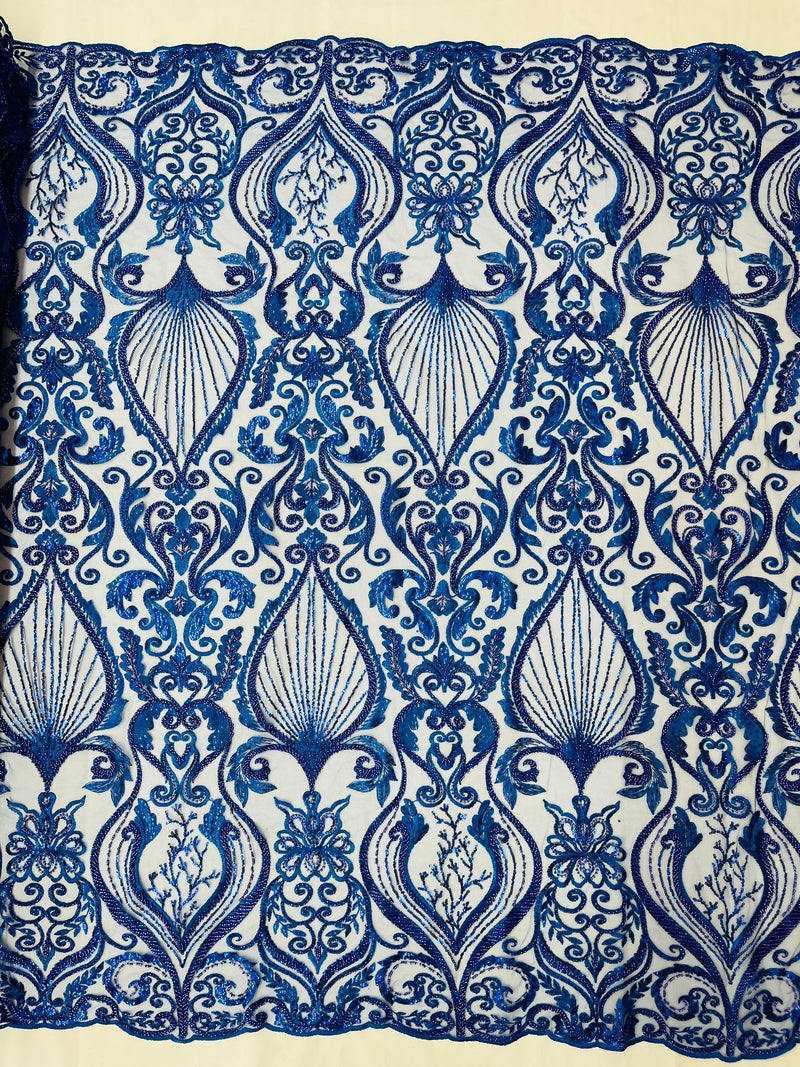 Royal Blue Floral damask embroider and heavy beaded on a mesh lace fabric/wedding/Costplay