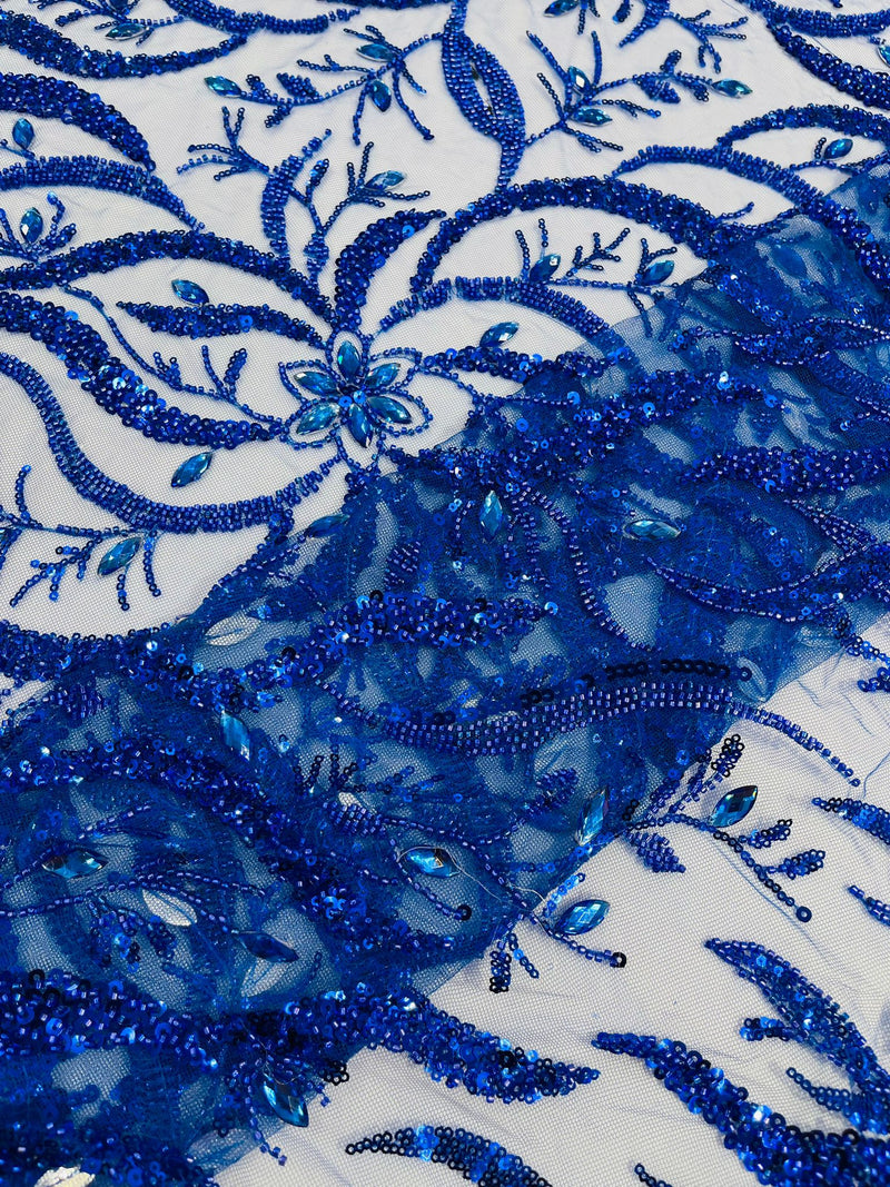 Royal Blue Vine Design Embroider And Heavy Beading/Sequins On A Mesh Lace Fabric/Wedding Lace/Costplay.
