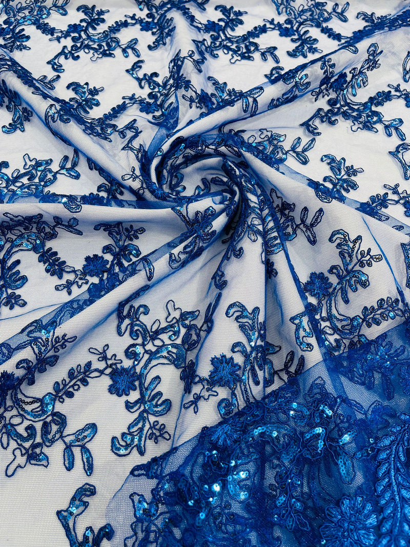 Royal Blue Flower lace corded and embroider with sequins on a mesh-Sold by the yard.