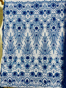 Floral 3D Palm Damask with Glitter in a Mesh Lace- Sold by the yard.