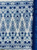 Floral 3D Palm Damask with Glitter in a Mesh Lace- Sold by the yard.