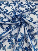 Flower lace corded and embroider with sequins on a mesh-Sold by the yard.