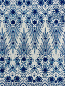 Floral 3D Palm Damask with Glitter in a Mesh Lace- Sold by the yard.