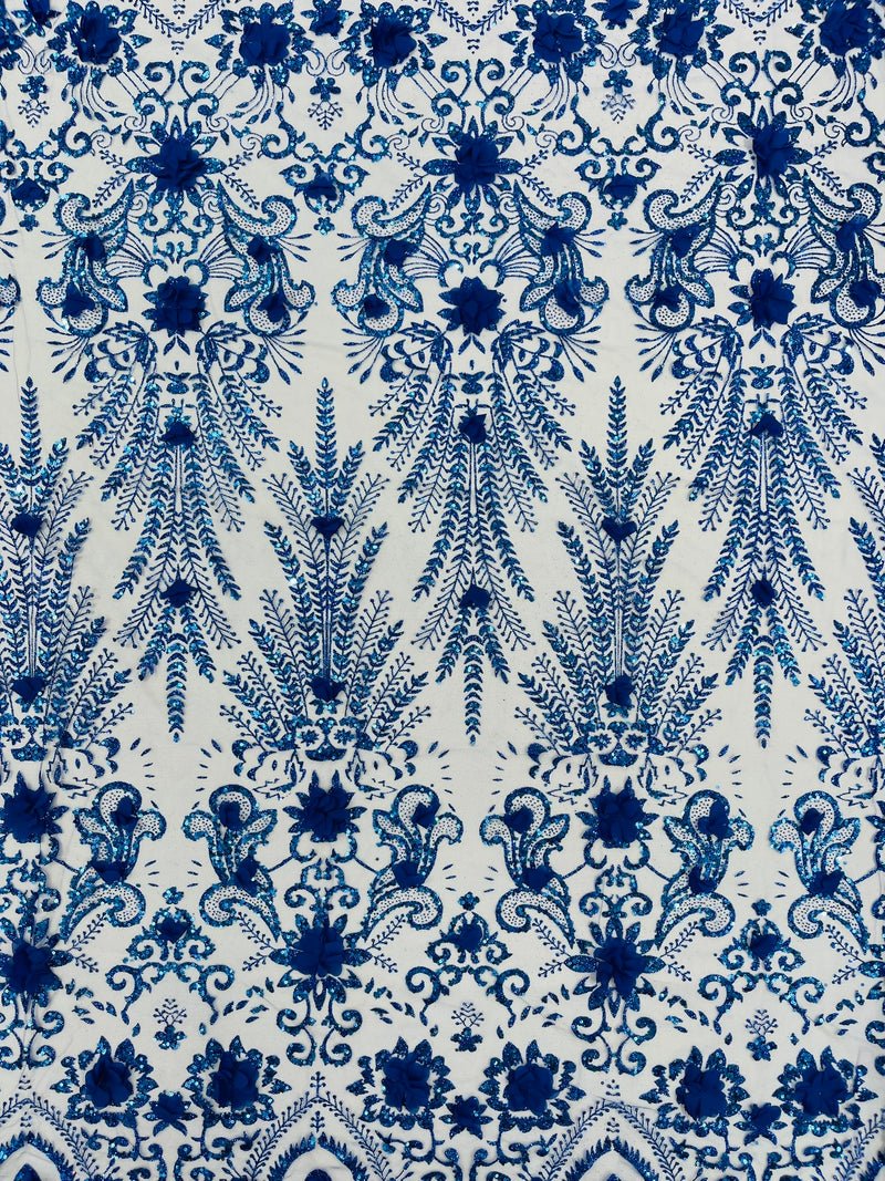 Floral 3D Palm Damask with Glitter in a Mesh Lace- Sold by the yard.