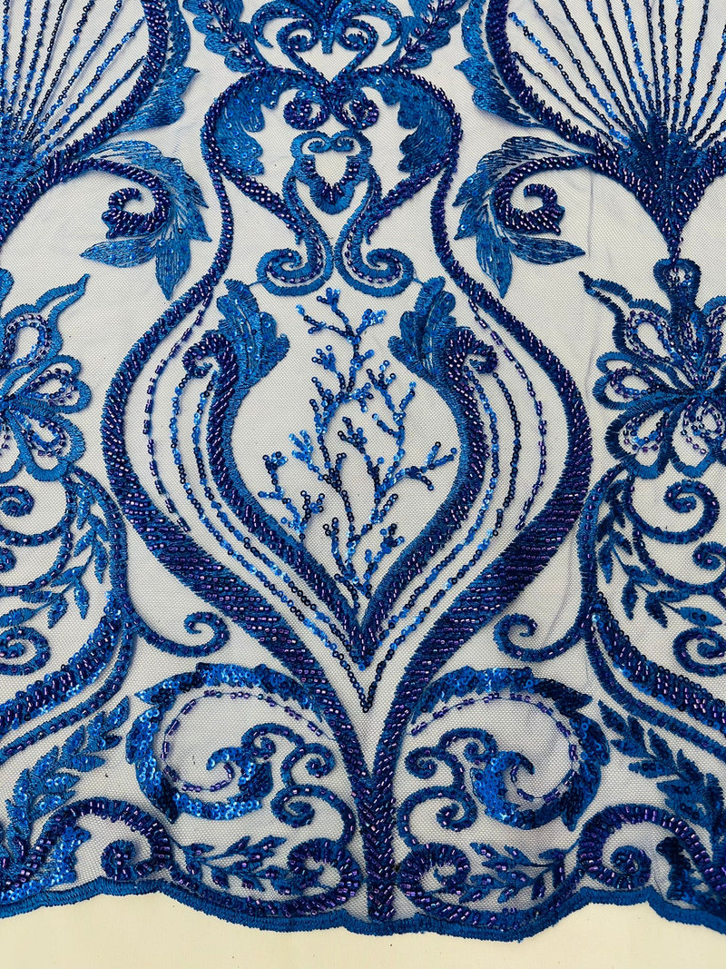 Royal Blue Floral damask embroider and heavy beaded on a mesh lace fabric/wedding/Costplay