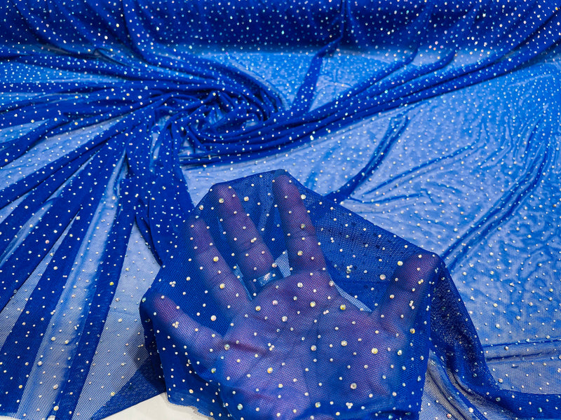 Royal Blue Sheer All Over AB Rhinestones On Stretch Power Mesh Fabric, Dancewear- Sold By The Yard.