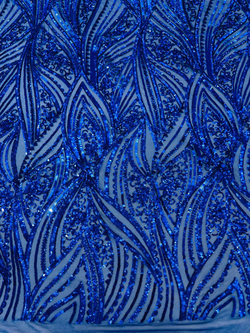 Geometric Feather wing shiny sequin design on a 4 way stretch mesh Fabric-old by the yard.