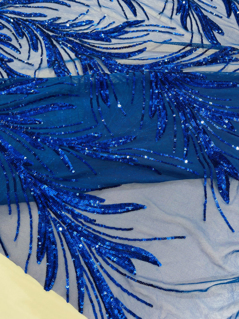 Feather Wing Shiny Sequin Design on a 4 Way Stretch mesh Fabric-Prom-Sold by The Yard.