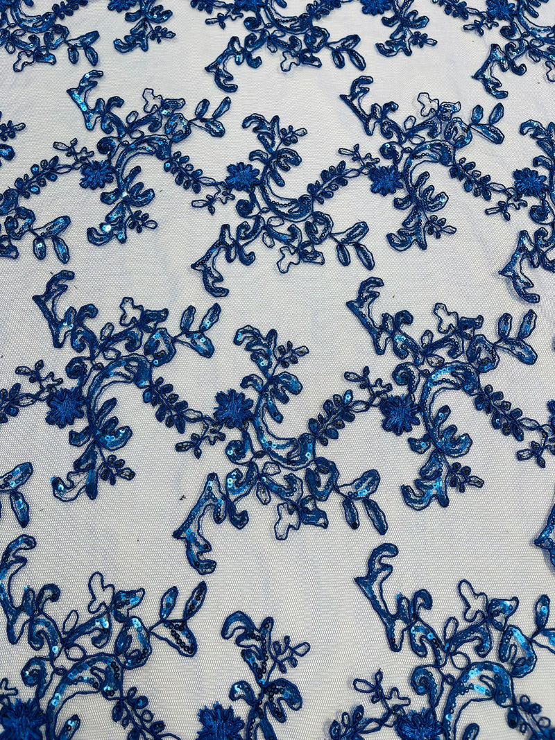 Royal Blue Flower lace corded and embroider with sequins on a mesh-Sold by the yard.