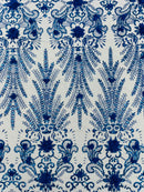 Floral 3D Palm Damask with Glitter in a Mesh Lace- Sold by the yard.