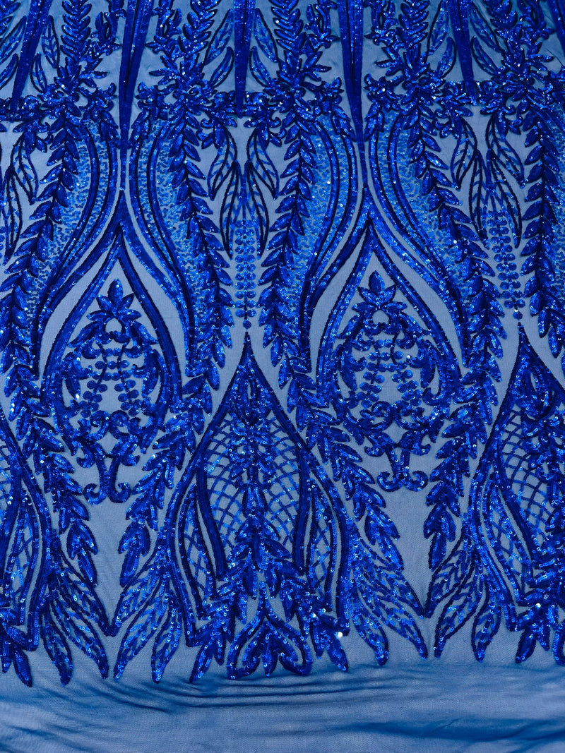 Damask design with sequins embroider on a 4 way stretch mesh fabric.