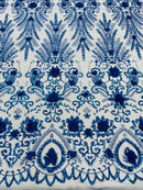 Floral 3D Palm Damask with Glitter in a Mesh Lace- Sold by the yard.