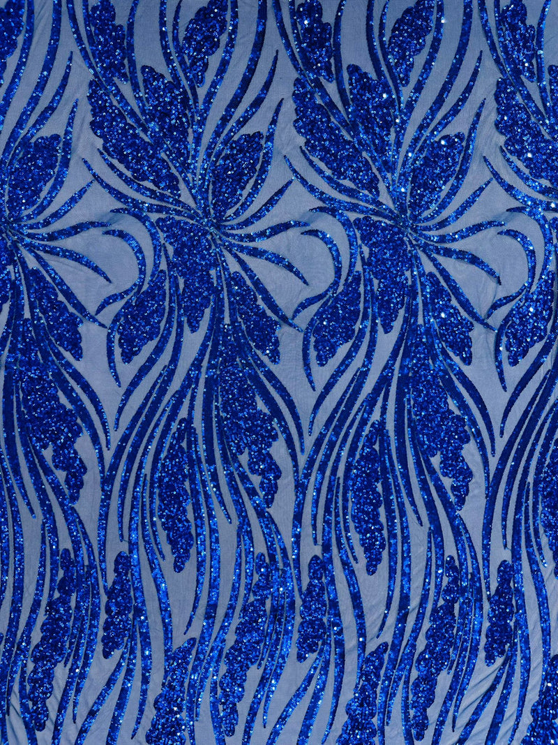 Feather damask shiny sequin design on a 4 way stretch mesh Fabric-sold by The yard.