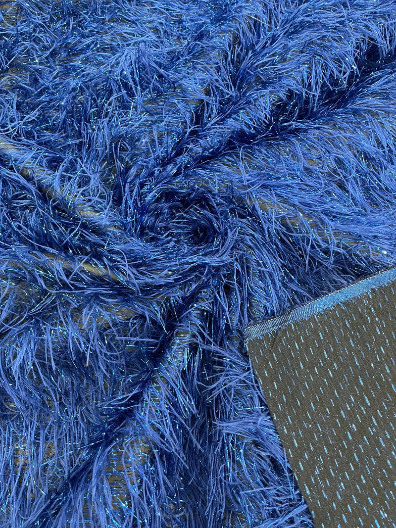 Royal Blue Shaggy Jacquard Faux Ostrich/Eye Lash Feathers Fringe With Metallic Thread By The Yard