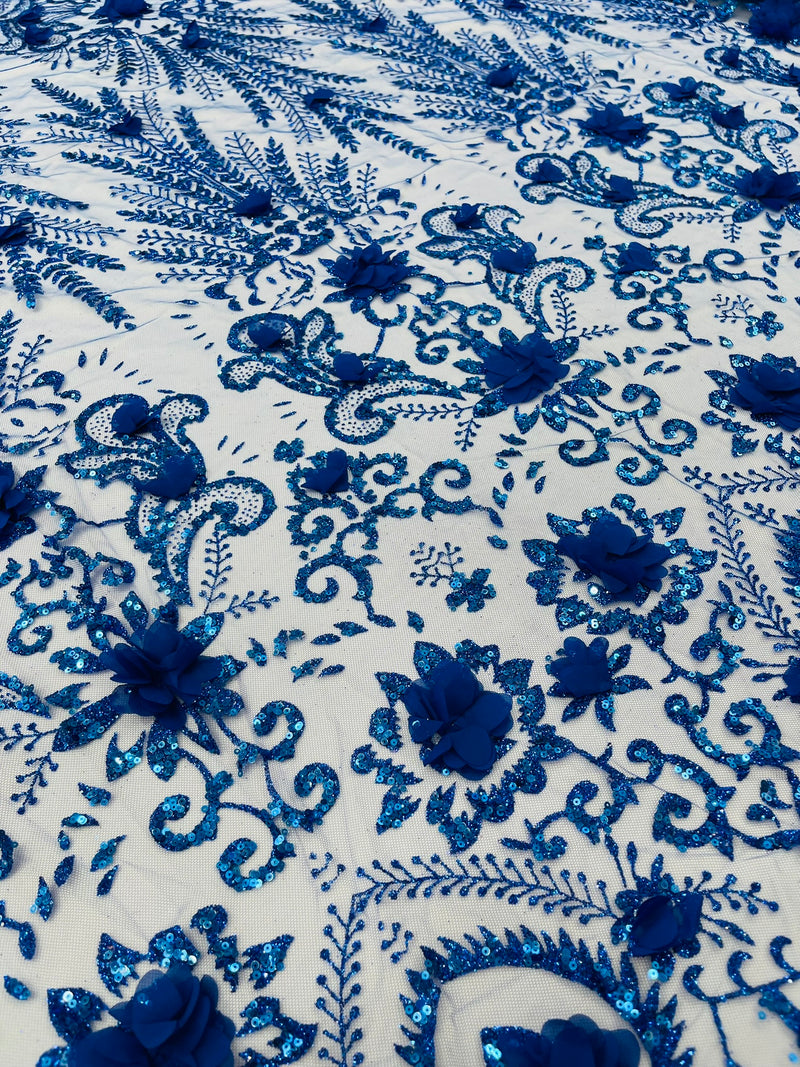 Floral 3D Palm Damask with Glitter in a Mesh Lace- Sold by the yard.
