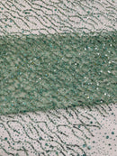 Sparkling Glitter Beads Sequin Fabric, Wave Design, Fabric Embroidered on a Mesh Lace Wedding Bridal Dress.