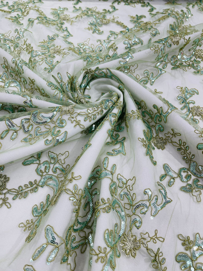 Sage Green Flower lace corded and embroider with sequins on a mesh-Sold by the yard.