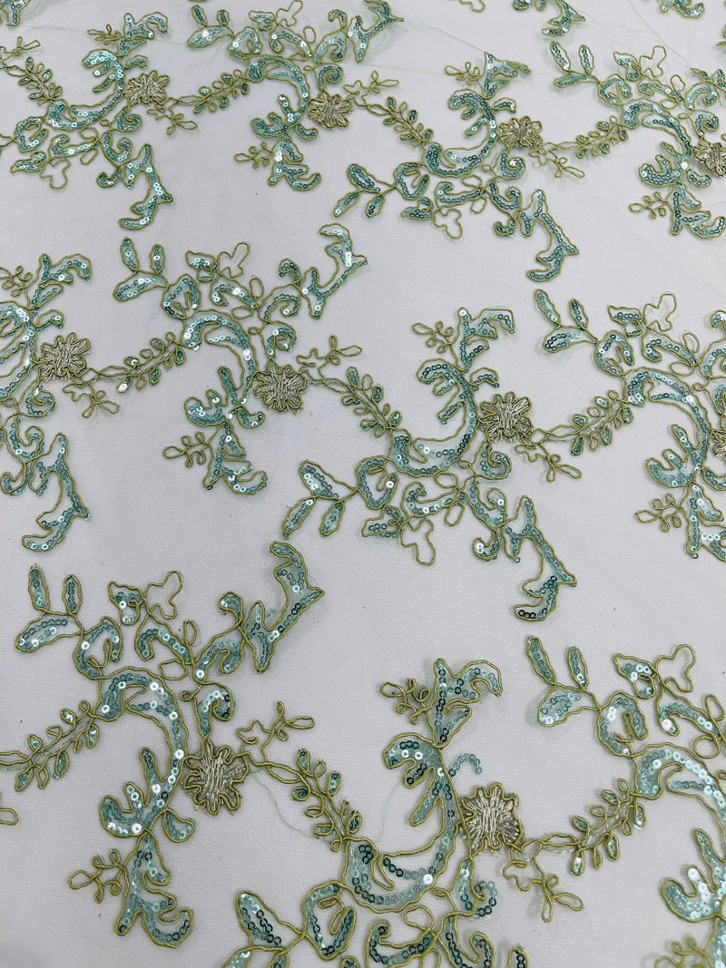 Sage Green Flower lace corded and embroider with sequins on a mesh-Sold by the yard.