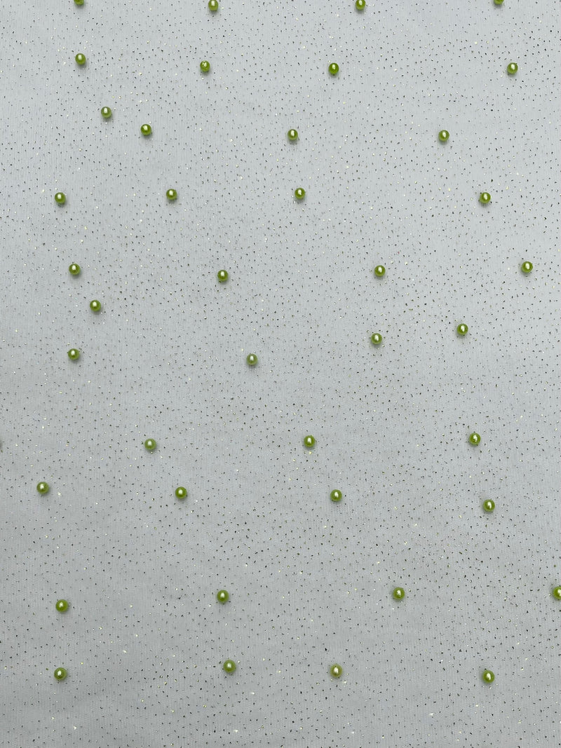 Pearl Glitter Studded Mesh, 2-Way Stretch Shimmer Mesh Fabric, Sold by the yard.