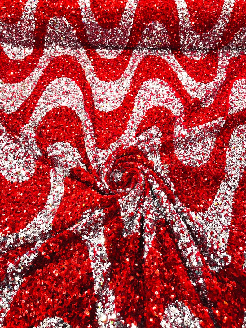 Silver/Red Sequin Wave Design stretch Velvet All Over Sequin.