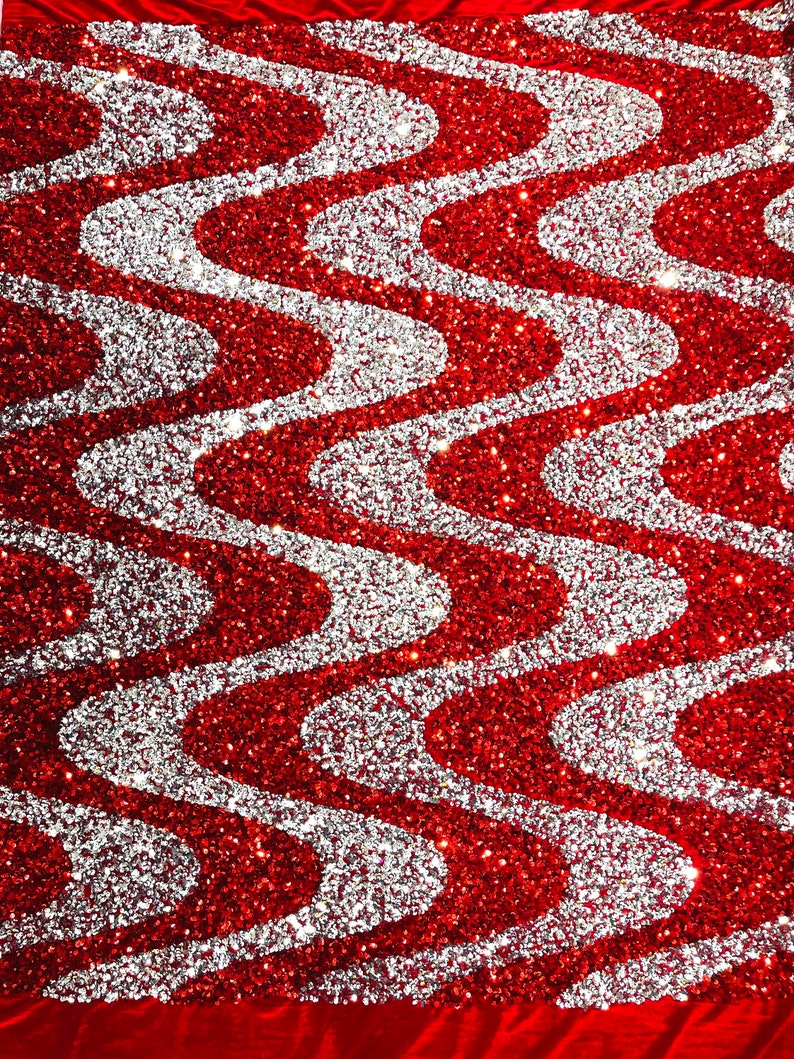 Silver/Red Sequin Wave Design stretch Velvet All Over Sequin.