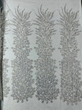 Vegas heavy beaded and sequins feather design embroidery on a mesh fabric-Sold by the 1 Feather Panel W-12Inc x L-48Inc.