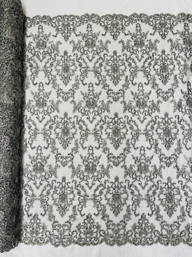 Silver Damask embroider with sequins and heavy beaded on a mesh lace fabric-sold by the yard