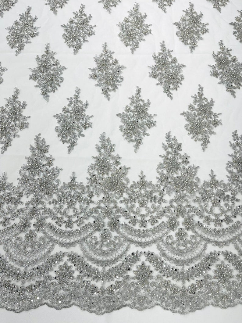 Silver Erin Diamond Beaded Metallic Floral Embroider On a Mesh Lace Fabric-Sold By The Yard