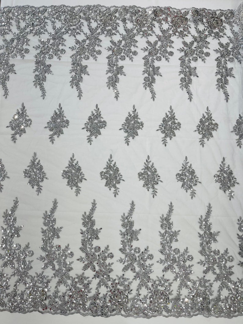 Floral design embroider and beaded on a mesh lace fabric-Wedding/Bridal/Prom/Nightgown fabric