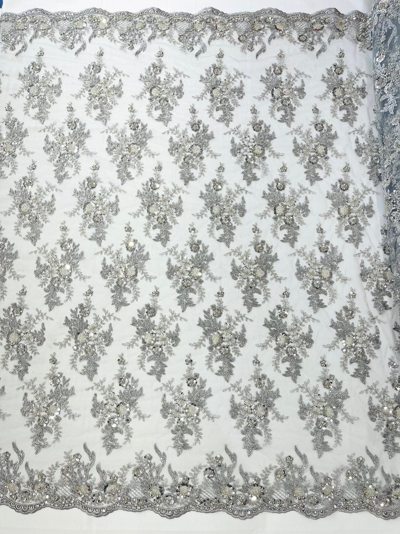 Metallic Silver Gorgeous French design embroider and beaded on a mesh lace. Wedding/Bridal/Prom/Nightgown fabric
