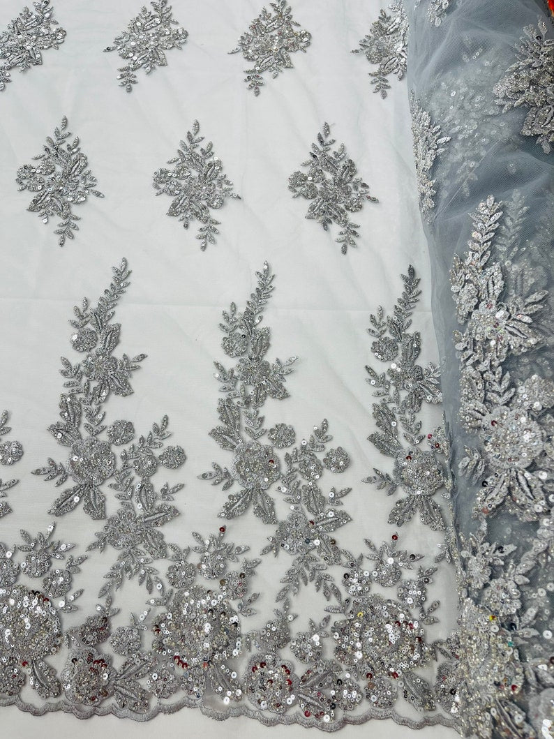 Silver Floral design embroider and beaded on a mesh lace fabric-Wedding/Bridal/Prom/Nightgown fabric