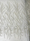 FEATHER BEADED LACE ON MESH FABRIC (By The Yard)