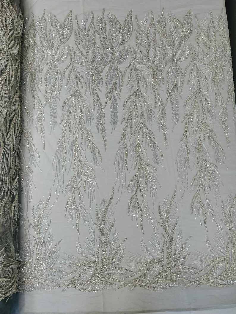 Silver Floral design embroider and beaded on a mesh lace fabric-Wedding/Bridal/Prom/Nightgown fabric