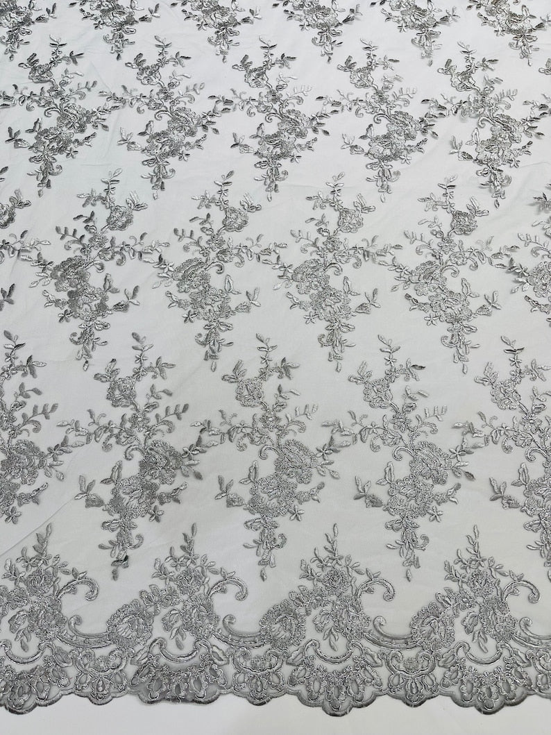 Silver Metallic Corded embroider flowers on a mesh lace fabric-prom-sold by the yard.