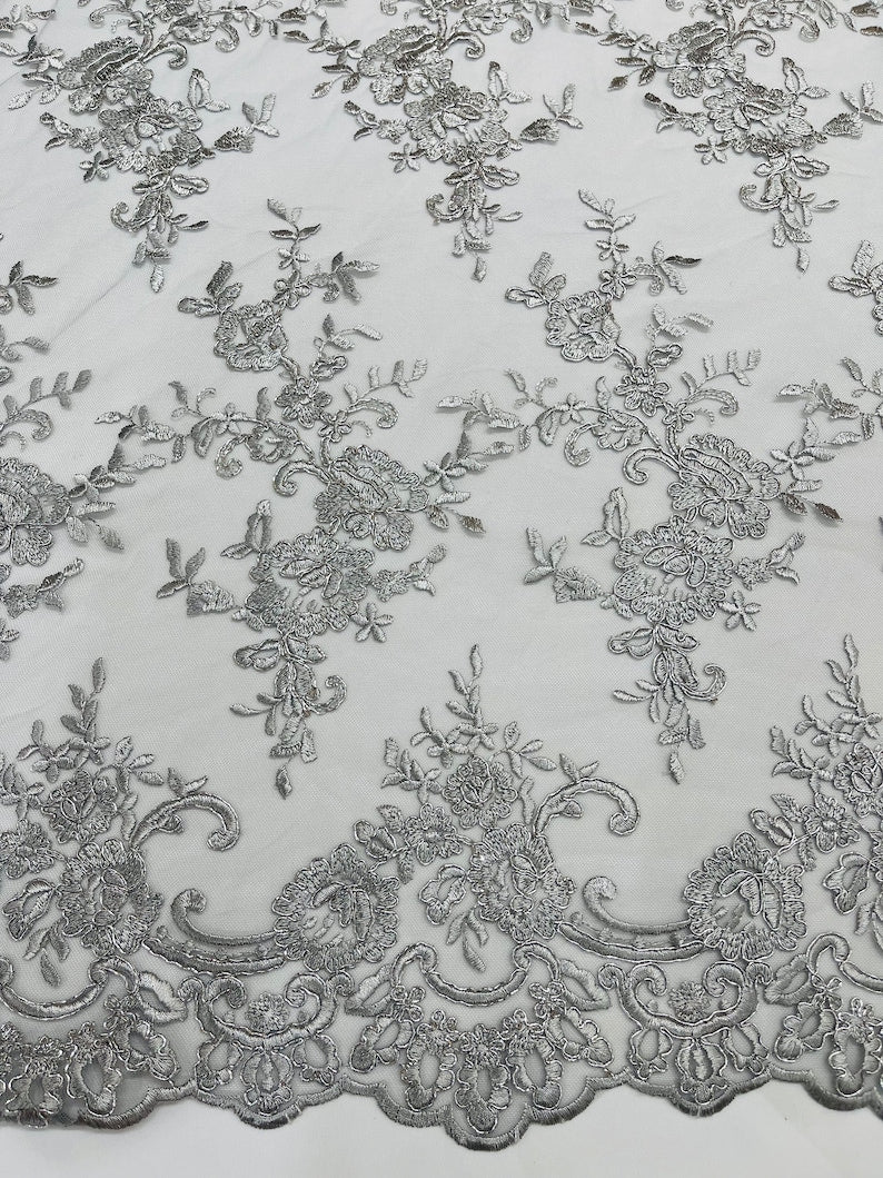 Silver Metallic Corded embroider flowers on a mesh lace fabric-prom-sold by the yard.