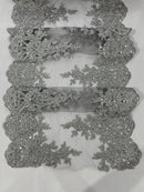 14"Wide Sequins Metallic Embroidered Lace on Mesh Fabric, Trim Lace, Table Runner. Sold By The Yard.