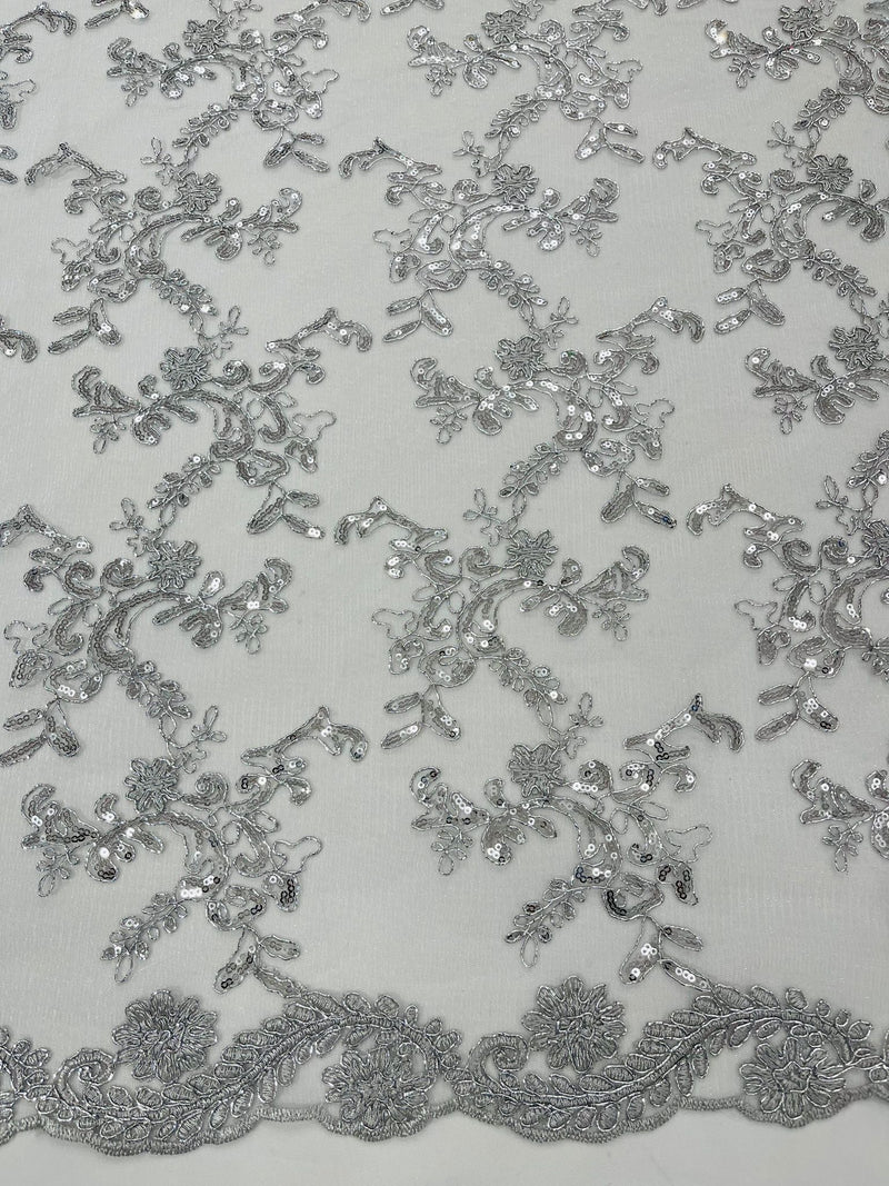 Silver Metallic Flower lace corded and embroider with sequins on a mesh-Sold by the yard.