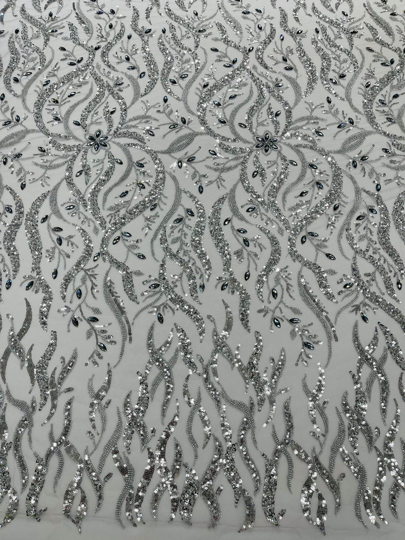 Silver Vine Design Embroider And Heavy Beading/Sequins On A Mesh Lace Fabric/Wedding Lace/Costplay.