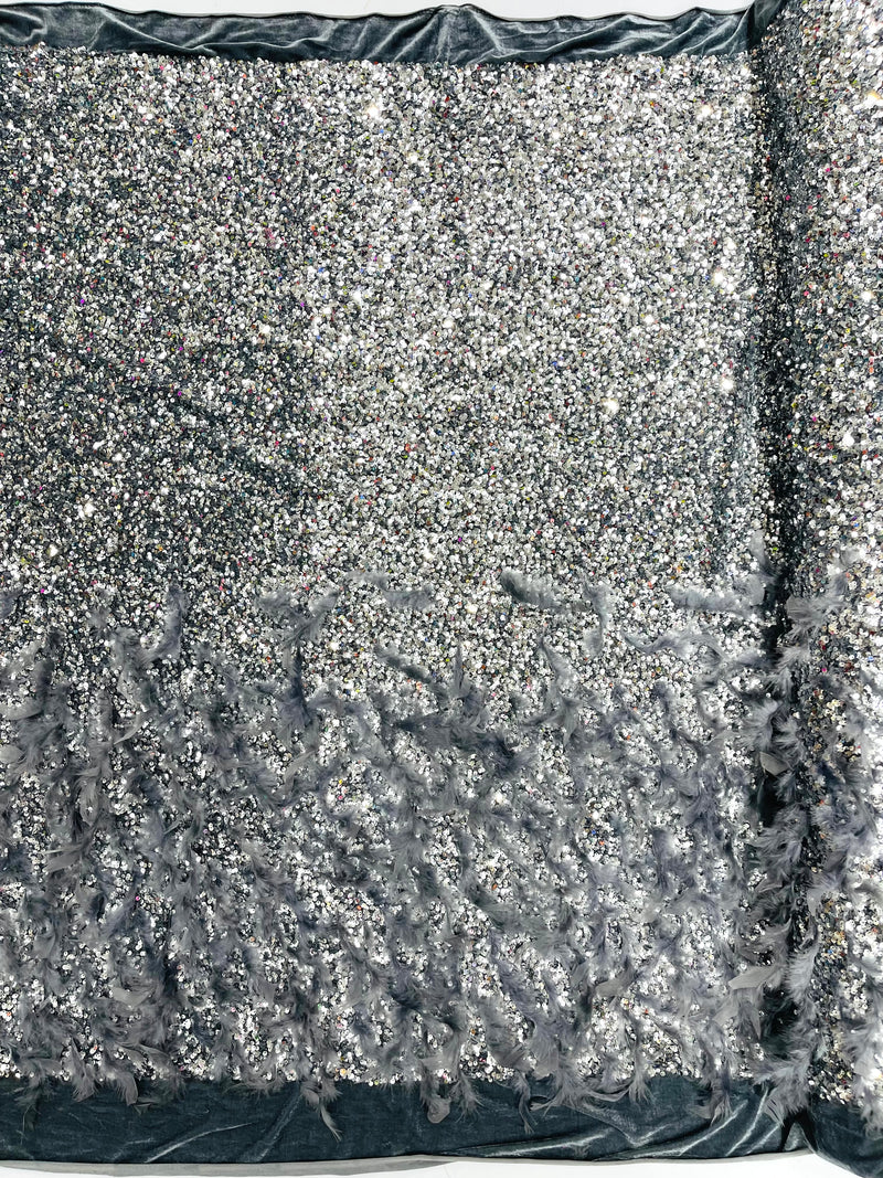 Silver 5mm sequins on a stretch velvet with feathers 2-way stretch, sold by the yard