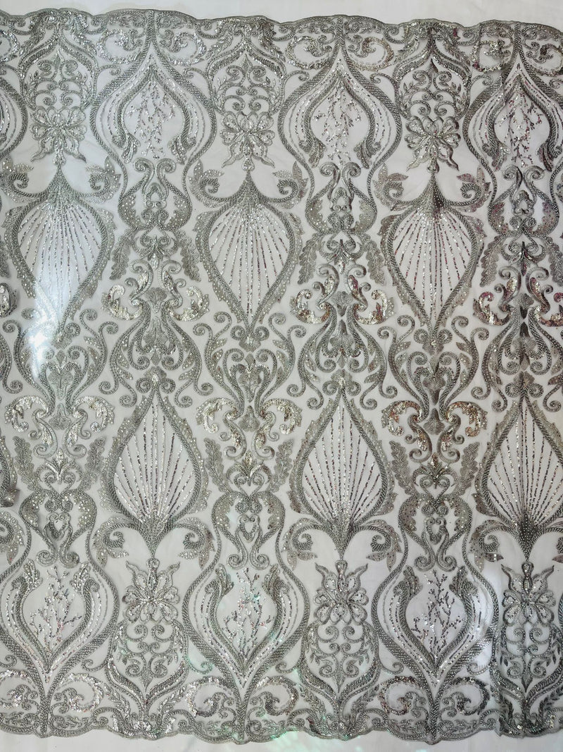 Silver Floral damask embroider and heavy beaded on a mesh lace fabric/wedding/Costplay