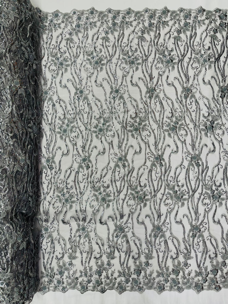 Silver Vine Floral Beaded Lace/Sequin Embroider Lace Fabric - Sold By the Yard.