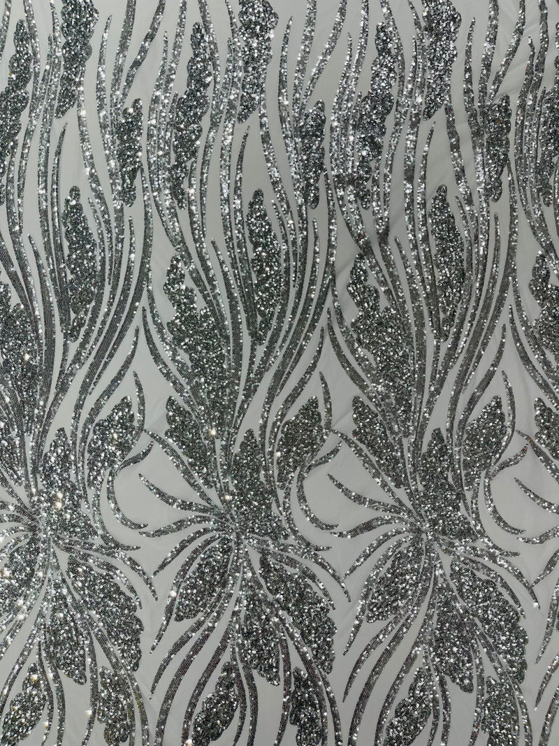 Feather damask shiny sequin design on a 4 way stretch mesh Fabric-sold by The yard.