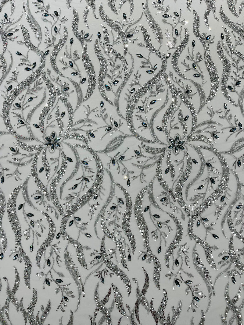 Silver Vine Design Embroider And Heavy Beading/Sequins On A Mesh Lace Fabric/Wedding Lace/Costplay.