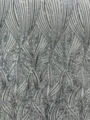 Geometric Feather wing shiny sequin design on a 4 way stretch mesh Fabric-sold by the yard.